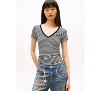 Kurzarmshirt TOMMY JEANS "TJW SLIM ESSENTIAL RIB V SHORT SLEEVE", Damen, Gr. XS (34), schwarz, ecru stripe, Feinripp, Obermaterial: 95% Baumwolle, 5% Elasthan, gestreift, slim fit kurz, tiefer V-Aussc