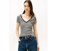 Kurzarmshirt TOMMY JEANS "TJW SLIM ESSENTIAL RIB V SS", Damen, Gr. XS (34), schwarz, ecru stripe, Single Jersey, Obermaterial: 95% Baumwolle, 5% Elasthan, gestreift, slim fit kurz, tiefer V-Ausschnitt