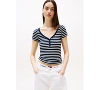 Kurzarmshirt TOMMY JEANS "TJW SLIM HENLEY WAFFLE SS", Damen, Gr. M (38), blau (schwarz night navy, stripe), Single Jersey, Obermaterial: 58% Baumwolle, 39% Polyester, 3% Elasthan, gestreift, casual, f