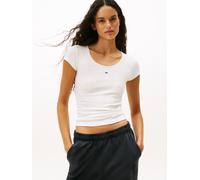 Kurzarmshirt TOMMY JEANS "TJW SLIM IRREGULAR RIB SS", Damen, Gr. XL (42), beige (ecru), Single Jersey, Obermaterial: 95% Baumwolle, 5% Elasthan, unifarben, figurbetont, Rundhals, Shirts, in gerippter