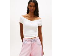 Kurzarmshirt TOMMY JEANS "TJW SLIM OFF SHOULDER RIB SS TOP", Damen, Gr. S (36), ecru, Single Jersey, Obermaterial: 94% Baumwolle, 6% Elasthan, unifarben, slim fit taillenbedeckt, Carmenausschnitt, abg