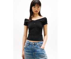Kurzarmshirt TOMMY JEANS "TJW SLIM OFF SHOULDER RIB SS TOP", Damen, Gr. S (36), schwarz, Single Jersey, Obermaterial: 94% Baumwolle, 6% Elasthan, unifarben, slim fit taillenbedeckt, Carmenausschnitt,
