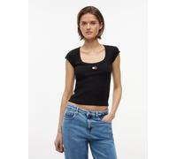 Kurzarmshirt TOMMY JEANS "TJW SLIM RIB BADGE TEE EXT", Damen, Gr. L (42/44), schwarz, Single Jersey, Obermaterial: 95% Baumwolle, 5% Elasthan, unifarben, slim fit normal, tiefer Rundhals, Shirts, Baum