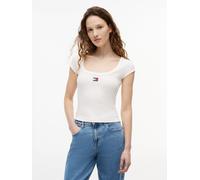 Kurzarmshirt TOMMY JEANS "TJW SLIM RIB BADGE TEE EXT", Damen, Gr. XS (34), weiß (ancient weiß), Single Jersey, Obermaterial: 95% Baumwolle, 5% Elasthan, unifarben, slim fit normal, tiefer Rundhals, Sh