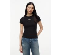 Kurzarmshirt TOMMY JEANS "TJW SLIM SCRIPT RIB SS TEE", Damen, Gr. L (42/44), schwarz, Single Jersey, Obermaterial: 95% Baumwolle, 5% Elasthan, unifarben, slim fit normal, Rundhals, Shirts, Baumwollmis