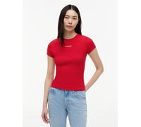 Kurzarmshirt TOMMY JEANS "TJW SLIM SCRIPT RIB SS TEE", Damen, Gr. S (36/38), amaryllis rot, Single Jersey, Obermaterial: 95% Baumwolle, 5% Elasthan, unifarben, slim fit normal, Rundhals, Shirts, Baumw