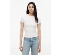 Kurzarmshirt TOMMY JEANS "TJW SLIM SCRIPT RIB SS TEE", Damen, Gr. S (36/38), ecru, Single Jersey, Obermaterial: 95% Baumwolle, 5% Elasthan, unifarben, slim fit normal, Rundhals, Shirts, Baumwollmischu