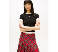 Kurzarmshirt TOMMY JEANS "TJW SLIM SH BADGE SS RIB EXT", Damen, Gr. XL (42), schwarz, Single Jersey, Obermaterial: 95% Baumwolle, 5% Elasthan, unifarben mit Farbeinsatz, figurbetont, Rundhals, Shirts,