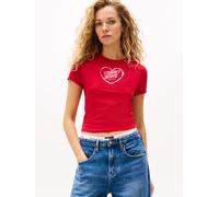 Kurzarmshirt TOMMY JEANS "TJW SLIM SH HEART TEE", Damen, Gr. XL (42), rot (sapphire rot), Single Jersey, Obermaterial: 100% Baumwolle, unifarben, figurbetont, Shirts (42491066-XL) sapphire rot