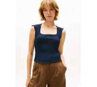 Kurzarmshirt TOMMY JEANS "TJW SLIM SH SQUARE NCK SMOCK TOP", Damen, Gr. S (36), blau (schwarz night navy), Single Jersey, Obermaterial: 96% Polyester, 4% Elasthan, unifarben, slim fit hüftlang, Rundha