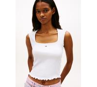 Kurzarmshirt TOMMY JEANS "TJW SLIM SH SQUARE NCK SMOCK TOP", Damen, Gr. S (36), weiß (ecru), Single Jersey, Obermaterial: 96% Polyester, 4% Elasthan, unifarben, slim fit hüftlang, Rundhals, Shirts, mi