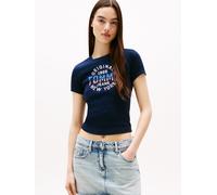 Kurzarmshirt TOMMY JEANS "TJW SLIM SH TOMMY NY RIB TEE", Damen, Gr. S (36/38), dunkelblau, Single Jersey, Obermaterial: 95% Baumwolle, 5% Elasthan, bedruckt, slim fit normal, Rundhals, Shirts, Baumwol