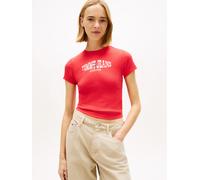 Kurzarmshirt TOMMY JEANS "TJW SLIM SHORT WAVY FLAG SS TEE", Damen, Gr. L (40), rot alert, Feinripp, Obermaterial: 95% Baumwolle, 5% Elasthan, bedruckt, unifarben, slim fit taillenbedeckt, Rundhals, Sh