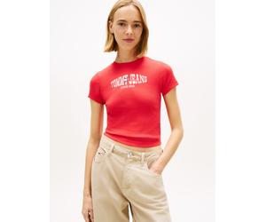Kurzarmshirt TOMMY JEANS "TJW SLIM SHORT WAVY FLAG SS TEE", Damen, Gr. L (40), rot alert, Feinripp, Obermaterial: 95% Baumwolle, 5% Elasthan, bedruckt, unifarben, slim fit taillenbedeckt, Rundhals, Sh