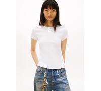 Kurzarmshirt TOMMY JEANS "TJW SLIM SMOCK SS TEE", Damen, Gr. L (40), ecru, Single Jersey, Obermaterial: 96% Polyester, 4% Elasthan, unifarben, slim fit hüftlang, Rundhals, gewellter Abschluss, Shirts,