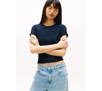 Kurzarmshirt TOMMY JEANS "TJW SLIM SMOCK SS TEE", Damen, Gr. M (38), schwarz night navy, Single Jersey, Obermaterial: 96% Polyester, 4% Elasthan, unifarben, slim fit hüftlang, Rundhals, gewellter Absc