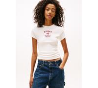 Kurzarmshirt TOMMY JEANS "TJW SLIM TOMMY 85 RIB SS TEE", Damen, Gr. L (40), ancient weiß, Single Jersey, Obermaterial: 95% Baumwolle, 5% Elasthan, bedruckt, figurbetont, Rundhals, Shirts, in gerippter