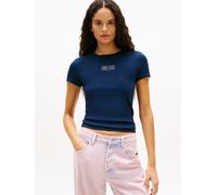 Kurzarmshirt TOMMY JEANS "TJW SLIM TOMMY 85 RIB SS TEE", Damen, Gr. L (40), schwarz night navy, Single Jersey, Obermaterial: 95% Baumwolle, 5% Elasthan, bedruckt, figurbetont, Rundhals, Shirts, in ger
