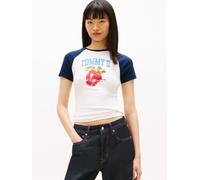 Kurzarmshirt TOMMY JEANS "TJW SLIM TOMMY MARKET RAGLAN", Damen, Gr. XL (42), ancient weiß, Single Jersey, Obermaterial: 98% Baumwolle, 2% Elasthan, bedruckt, unifarben mit Farbeinsatz, slim fit hüftla