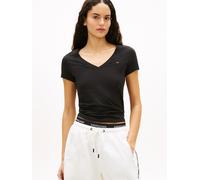 Tommy Jeans Damen T-Shirt Kurzarm Slim mit V-Ausschnitt, Schwarz (Black), L