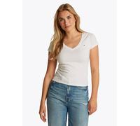 Kurzarmshirt TOMMY JEANS "TJW SLIM V-NECK TEE", Damen, Gr. S (36), beige (ecru), Single Jersey, Obermaterial: 100% Baumwolle, unifarben, slim fit hüftlang, V-Ausschnitt, abgesteppt, Shirts, mit Logo-S