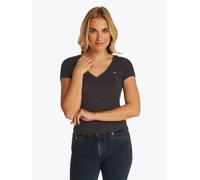 Kurzarmshirt TOMMY JEANS "TJW SLIM V-NECK TEE", Damen, Gr. XL (42), schwarz, Single Jersey, Obermaterial: 100% Baumwolle, unifarben, slim fit hüftlang, V-Ausschnitt, abgesteppt, Shirts Kurzarmshirt, m