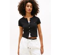Kurzarmshirt TOMMY JEANS "TJW SS RIB TOP IM", Damen, Gr. M (38), schwarz, Rippware, Obermaterial: 95% Baumwolle, 5% Elasthan, unifarben, figurbetont normal, Rundhals, gewellter Abschluss, Shirts, mit