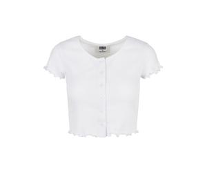 Kurzarmshirt URBAN CLASSICS "Urban Classics Damen Ladies Cropped Button Up Rib Tee", Damen, Gr. M, weiß, 97% Baumwolle, 3% Elasthan, unifarben, slim fit, eckiger Ausschnitt, Shirts (77449647-M) weiß