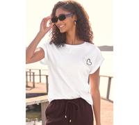 Kurzarmshirt VENICE BEACH "mit dezentem Herzdruck und Ärmelaufschlag", Damen, Gr. 44/46, weiß, Jersey, Obermaterial: 100% Baumwolle, unifarben mit Farbeinsatz, figurumspielend hüftlang, Rundhals, Aufs
