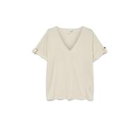 Kurzarmshirt VERO MODA "VMBAILEY S/S V-NECK T-SHIRT JRS BTQ GA", Damen, Gr. XS, weiß (snow weiß stripes:gold lurex, button), Jersey, Obermaterial: 75% Polyester, 20% metallisierte Fasern, 5% Elasthan,