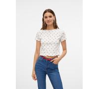 Kurzarmshirt VERO MODA "VMHARRY SS O-NECK TOP JRS NOOS", Damen, Gr. M (38), weiß (snow weiß detail:dunkelrot cherry), Jersey, Obermaterial: 97% Polyester, 3% Elasthan, bedruckt, regular fit kurz, Rund