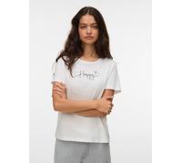 Kurzarmshirt VERO MODA "VMKILANO S/S O-NECK T-SHIRT JRS BTQ", Damen, Gr. M, weiß (snow weiß print:schwarz happy), Jersey, Obermaterial: 100% Baumwolle, bedruckt, regular fit normal, Rundhals, Shirts,