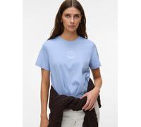 Kurzarmshirt VERO MODA "VMSARA METTE SS TOP BOX JRS GA NOOS", Damen, Gr. XL, brunnera blau print:1 smile hellweiß, Jersey, Obermaterial: 100% Baumwolle, bedruckt, regular fit normal, Rundhals, Shirts 