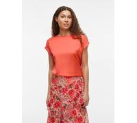 Vila Damen Satin Blusen T-Shirt Kurzarm Basic Rundhals Top Glänzend Tunika Blouse Oberteil VIELLETTE, Farben:Coral Pink, Größe:34