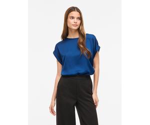 Kurzarmshirt VILA "VIELLETTE S/S SATIN TOP - NOOS", Damen, Gr. 42, blau (navy peony), Satin, Obermaterial: 100% Polyester, unifarben, regular fit normal, Rundhals, mit Umschlag, Shirts, Kunstfaser, re