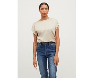Kurzarmshirt VILA "VIELLETTE S/S SATIN TOP - NOOS", Damen, Gr. 44 (XXL), beige (cement), Satin, Obermaterial: 100% Polyester, leicht glänzend, unifarben, regular fit normal, Rundhals, mit Umschlag, Sh