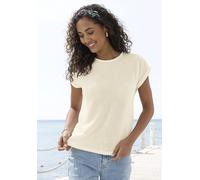 Kurzarmshirt VIVANCE "aus bügelfreiem Waffelstrick", Damen, Gr. 32/34, beige (creme), Strick, Obermaterial: 64% Polyester, 34% Viskose, 2% Elasthan, leicht transparent, unifarben, bequem, Rundhals, Sh