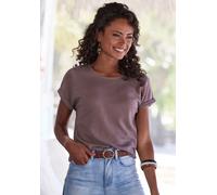 Kurzarmshirt VIVANCE "aus weicher Piqué-Qualität", Damen, Gr. 36/38, lila (beere, taupe), Piquu00e9, Obermaterial: 69% Polyester (REPREVE), 28% Viskose, 3% Elasthan, unifarben, modisch, lässig geschni