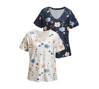Kurzarmshirt VIVANCE "aus recyceltem Material", Damen, Gr. 40/42, bunt (creme, navy), Stoff, Obermaterial: 90% Polyester (REPREVE), 10% Elasthan, bedruckt, figurumspielend normal, V-Ausschnitt, Shirts