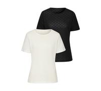 Kurzarmshirt VIVANCE "mit Ajour-Muster", Damen, Gr. 32/34, schwarz (creme, schwarz), Feinstrick, Obermaterial: 60% Baumwolle, 40% Polyester, figurumspielend, Rundhals, Shirts, aus Baumwoll-Qualität (4