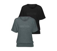 Kurzarmshirt VIVANCE "mit breitem Bund", Damen, Gr. 40/42, grün (graugrün, schwarz), Feinstrick, Obermaterial: 55% Polyester (REPREVE), 43% Viskose, 2% Elasthan, meliert, bequem normal, Rundhals, Shir