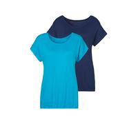 Kurzarmshirt VIVANCE "mit Gummizug im Bund", Damen, Gr. 44/46, blau (türkis, navy), Obermaterial: 95% Viskose, 5% Elasthan, unifarben, Basic, figurumspielend normal, Rundhals, angeschnitten, Shirts, a