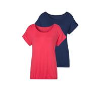 Kurzarmshirt VIVANCE "mit Gummizug im Bund", Damen, Gr. 44/46, bunt (koralle, navy), Obermaterial: 95% Viskose, 5% Elasthan, unifarben, Basic, figurumspielend normal, Rundhals, angeschnitten, Shirts K
