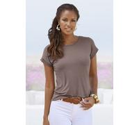Kurzarmshirt VIVANCE "mit Gummizug im Bund", Damen, Gr. 44/46, grau (taupe), Jersey, Obermaterial: 95% Viskose (LENZING™ ECOVERO™), 5% Elasthan, unifarben, Basic, Basic normal, Rundhals, Shirts, aus e