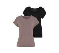 Kurzarmshirt VIVANCE "mit Gummizug im Bund", Damen, Gr. 48/50, grau (taupe, schwarz), Obermaterial: 95% Viskose, 5% Elasthan, unifarben, Basic, figurumspielend normal, Rundhals, angeschnitten, Shirts,