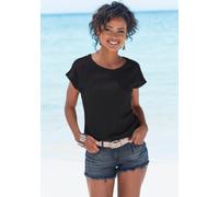 Kurzarmshirt VIVANCE "mit Häkeleinsatz", Damen, Gr. 44/46, schwarz (schwarz, creme), Crêpe, Obermaterial: 98% Polyester, 2% Elasthan, unifarben, bequem normal, Rundhals, angeschnitten, Shirts, aus büg
