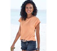 Kurzarmshirt VIVANCE "mit Häkeleinsatz", Damen, Gr. 48/50, orange (peach, creme), Crêpe, Obermaterial: 98% Polyester, 2% Elasthan, unifarben, bequem normal, Rundhals, angeschnitten, Shirts, aus bügelf