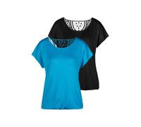 Kurzarmshirt VIVANCE "mit Häkelspitze am Rücken", Damen, Gr. 32/34, blau (türkis, schwarz), Single Jersey, Obermaterial: 95% Viskose (LENZING ECOVERO), 5% Elasthan. Spitze: 100% Baumwolle, unifarben, 