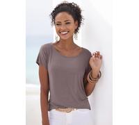 Kurzarmshirt VIVANCE "mit Häkelspitze am Rücken", Damen, Gr. 32/34, grau (taupe), Single Jersey, Obermaterial: 95% Viskose (LENZING™ ECOVERO™), 5% Elasthan. Spitze: 100% Baumwolle, unifarben, lässig g