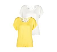 Kurzarmshirt VIVANCE "mit Häkelspitze am Rücken" Gr. 48/50, gelb (gelb, creme), Damen, Single Jersey, Obermaterial: 95% Viskose (LENZING ECOVERO), 5% Elasthan. Spitze: 100% Baumwolle, Shirts, aus weic